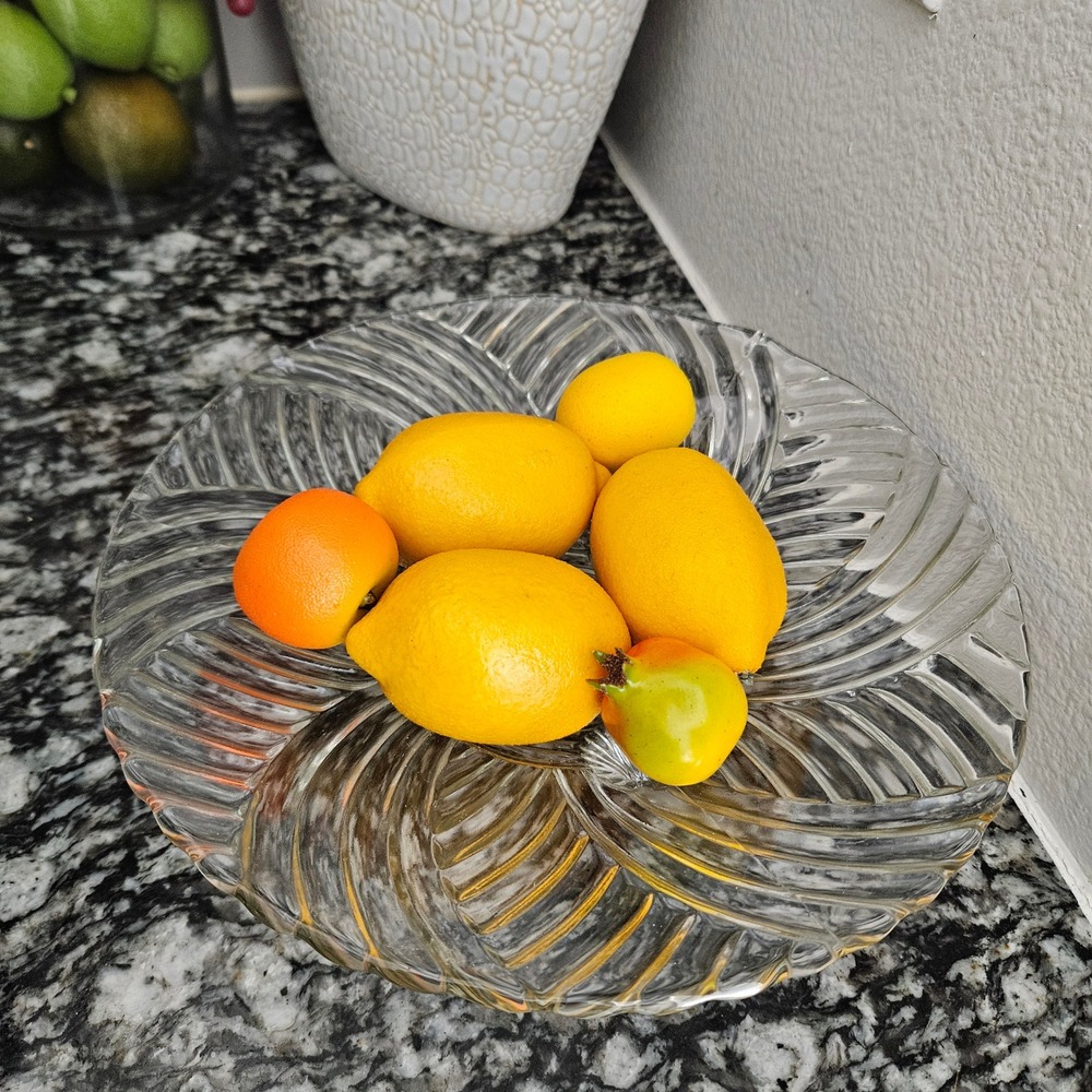 Vintage Depression clear glass footed bowl ribbed swirls 10 inches wide bowl